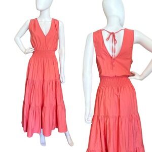 Anthropologie Maeve Tiered Midi Dress Pink Rose Size 12 Sleeveless Open Tie Back